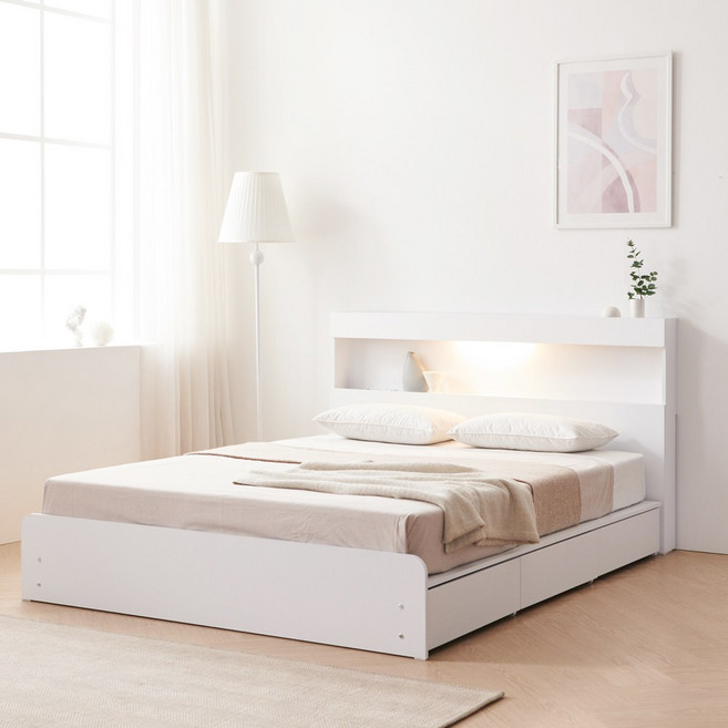 파로마 소프 레이첼 LED 호텔 수납 침대 프레임+프리미엄 유로탑70T 매트리스(슈퍼싱글/ 퀸/ 킹), 01.슈퍼싱글+프리미엄70T DDM035 착불_화이트