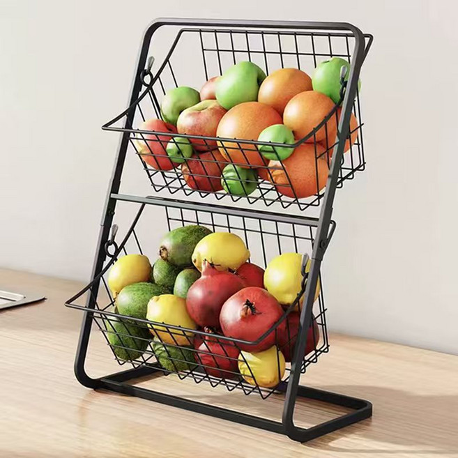 거와스 물빠짐 과일 바스켓 2단 간식 바구니, 1개, 블랙