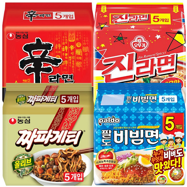 인기라면4종 신라면5+진라면매운맛5+짜파게티5+팔도비빔면5, 1세트