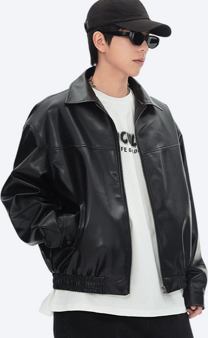 에치케이 남친룩 빅사이즈 루즈핏 PU 가죽 자켓 카라 집업 블루종