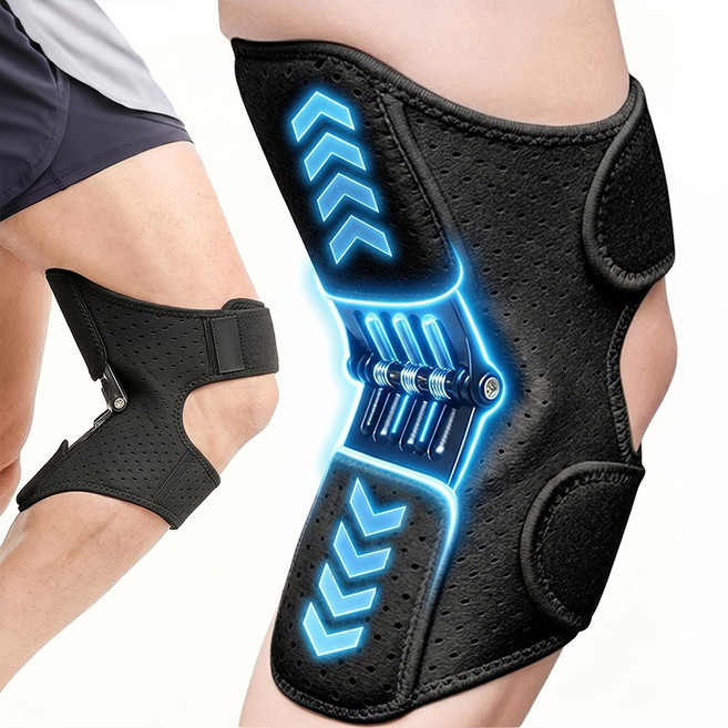 스프링 무릎보호대 조력 무릎 지지대 슬개골 무릎보호대 고탄력 보행 운동 남여공용, 블랙, 1세트