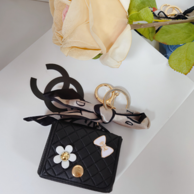 립스틱 케이스 홀더 립밤 키링 퀄팅 파우치 스카프 열쇠고리, 1개, 블랙