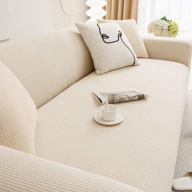 [먼지 없는] 커버무드 고탄력 와플 소파커버 + 자체제작 고정 스펀지, 아이보리, 1개