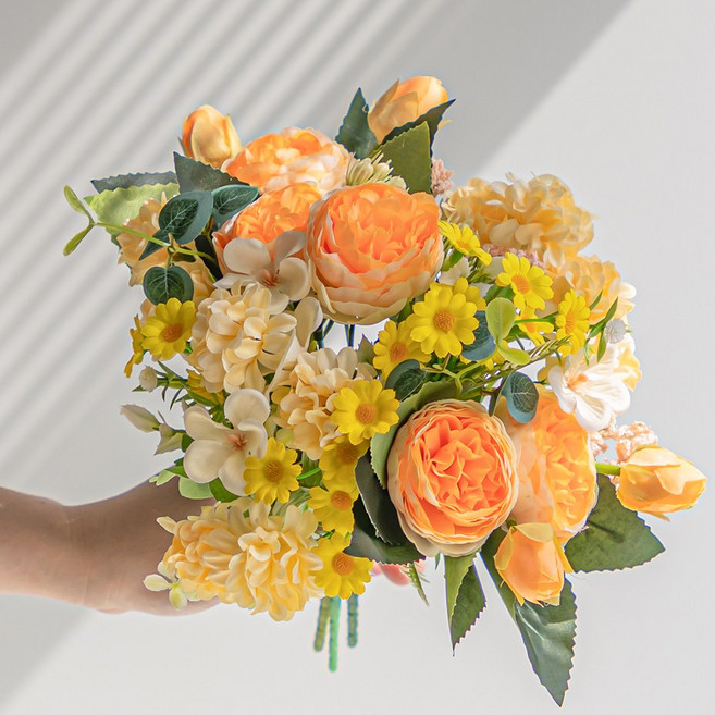 화예원 성묘 조화 꽃다발 생화같은 데이지 카네이션 산소 꽃 납골당 미니 꽃다발, 1개, 오렌지