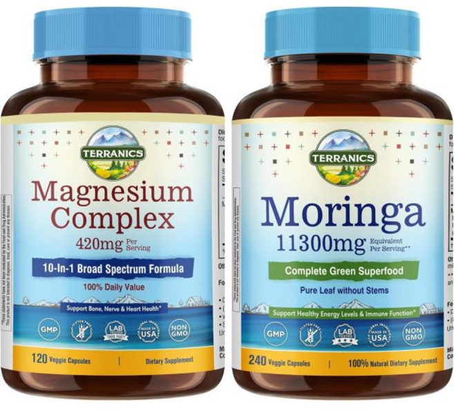 Terranics Magnesium Complex & Moringa Capsules Bundle - 420mg 10-in-1 Full Spectrum Magnesium with