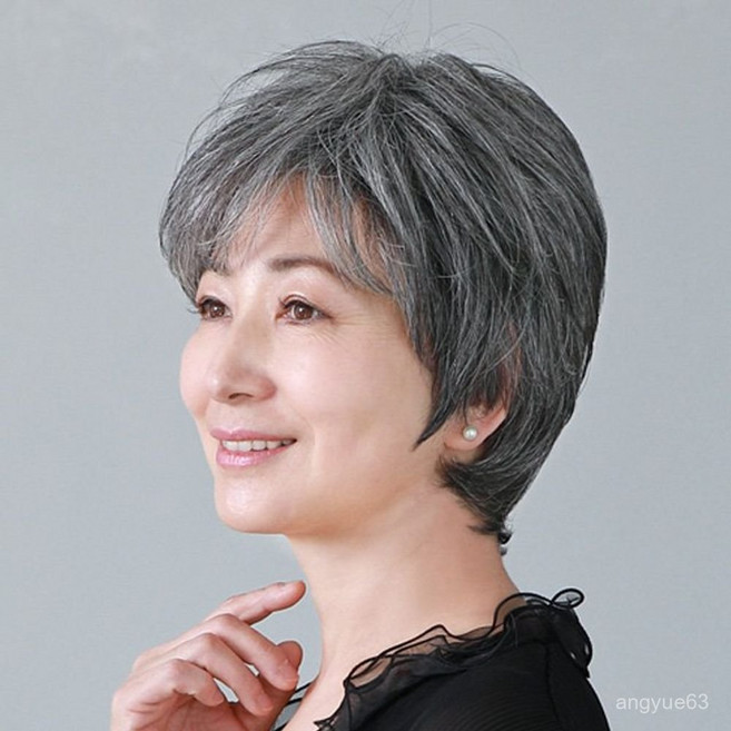 할머니 가발 중년 여성 통가발 여자 자연스러운 머리 짧은 생머리 공연 백발 머리커버 노인, 편백(8백2흑)고온사, 1개