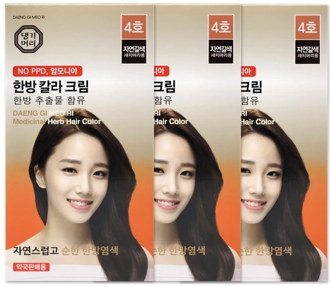 댕기머리 한방칼라크림 새치염색약 4호 자연갈색 한방염색약, 3개 - 쿠팡