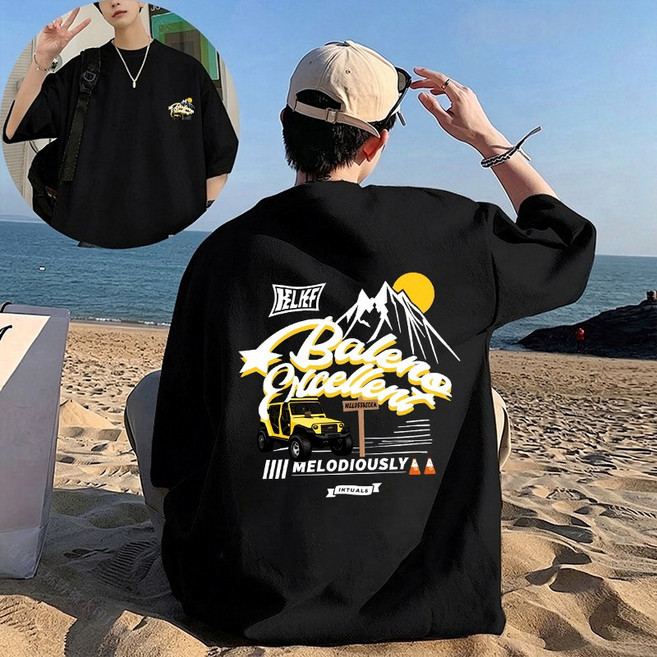 FONOW 반팔면티 순면 100% 남성 루즈핏 반팔 티셔츠 빅사이즈 패션 여성 편안한 통기 여름 캐주얼 라운드 티셔츠 승용차와 풍경 양면 프린트 디자인 빅사이즈여성쇼핑몰