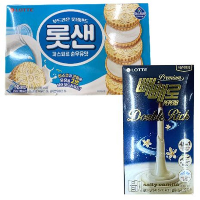 롯데 롯샌 파스퇴르 순우유맛 315g + 두바이 리치 빼빼로 40g 한정판 과자 초콜릿 간식 세트, 1세트, 혼합