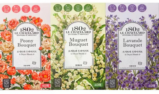 애경 르샤트라 건조기시트 120매(피오니+라벤더+뮤게부케) 40매씩, 3개, 40매