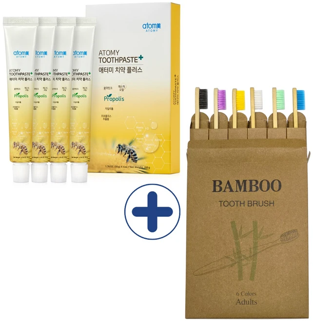애터미 치약 50g(4개입)+대나무칫솔(6개), 1개 - 쿠팡
