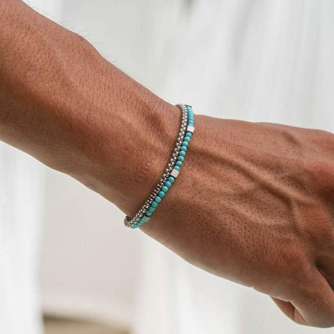 터키석 팔찌 남자 원석 레이어드 이중 체인 실버 믹스 세트 by 헤온