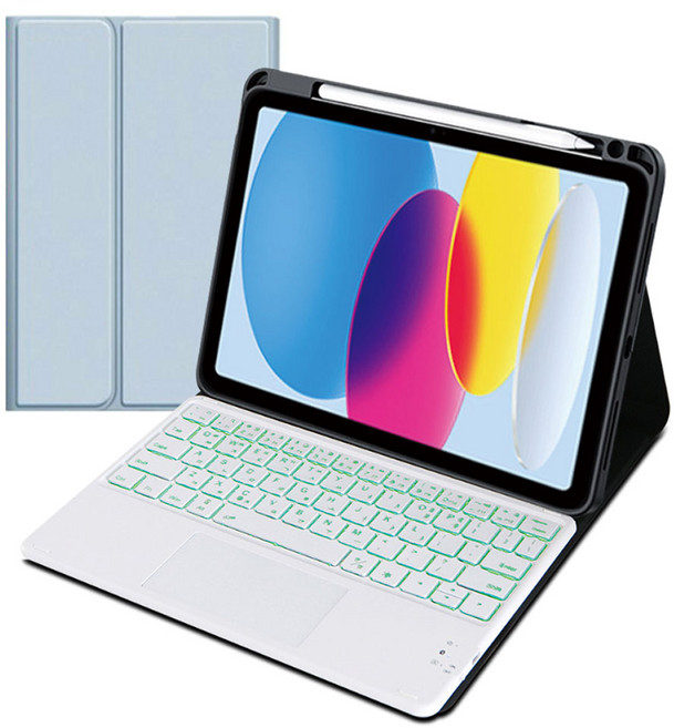 아이패드 애플펜슬 수납 led트랙패드 블루투스 키보드케이스, 스카이블루