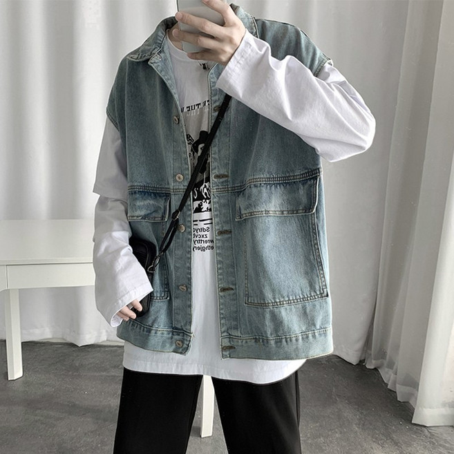 뉴타임즈13 남성 데님 청조끼 대학생 루즈핏 여행 가을 겨울 2010MJ9257Z