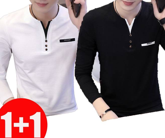 ZIGODAG 1+1 남성 봄 가을 시즌 V넥 면 긴팔 티셔츠 트렌디한 캐주얼 내의 겸용 베이스 레이어 SXDYYBD67676