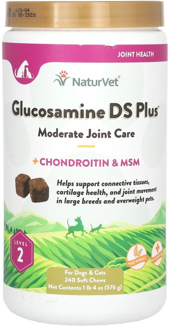 NaturVet 글루코사민 DS 플러스 콘드로이틴 및 MSM 함유 중등도 관절 케어 강아지 고양이용 수준 2 소프트 츄 240개 576g(1lb 4oz) Natur, NaturVet, 글루코사민 DS 플러스, 콘드로이틴, 576g, 1개 - 쿠팡