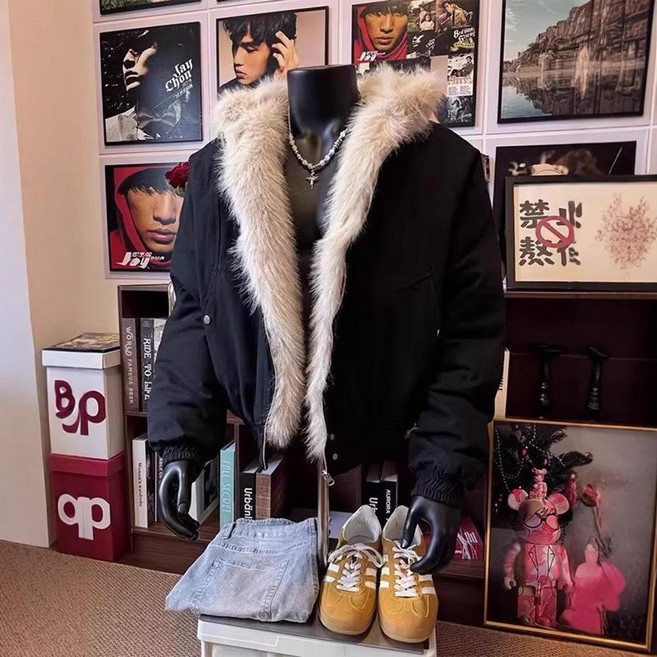 美式復古潮毛領連帽棉服男款冬季保暖短款棉衣外套