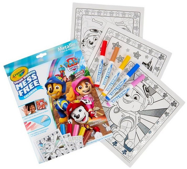 Crayola PAW Patrol Color Wonder 지저분해지지 않는 컬러링 세트 메탈릭 마커 및 종이 퍼피 구조대 장난감 유아용 컬러링 키트 여행 활동 아동용, Metallic Box Set
