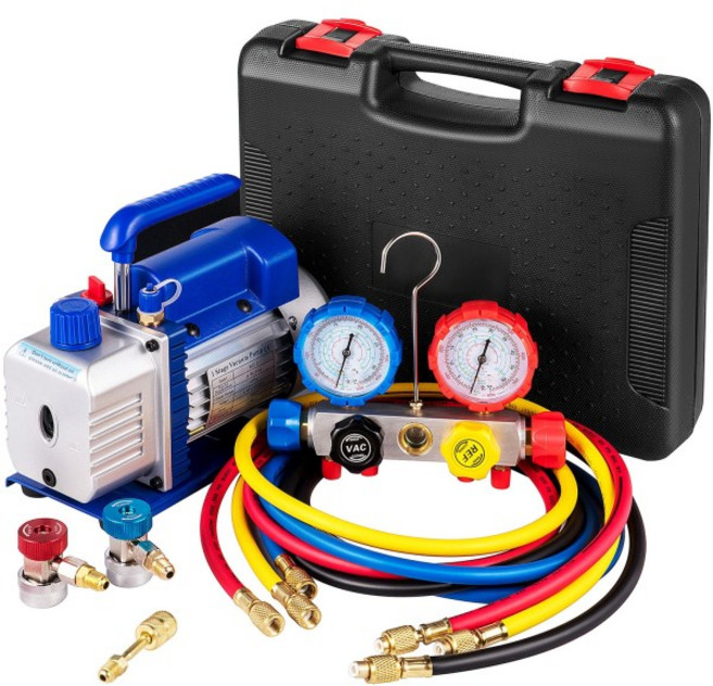 에어컨진공펌프 진공펌프 작업 진공 펌프 1/4 HP 단일 스테이지 HVAC A/C 냉동 키트 궁극의 진공 매니폴드 게이지 세트 에어컨 4.8CFM 5PA, 110V