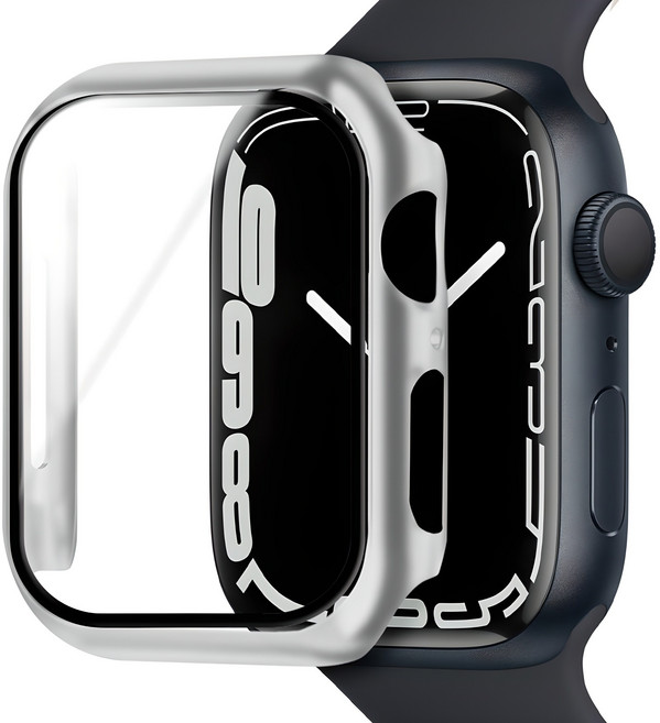 아이몰 애플워치 9H 강화유리 풀커버 프레임 케이스, 실버, 1개