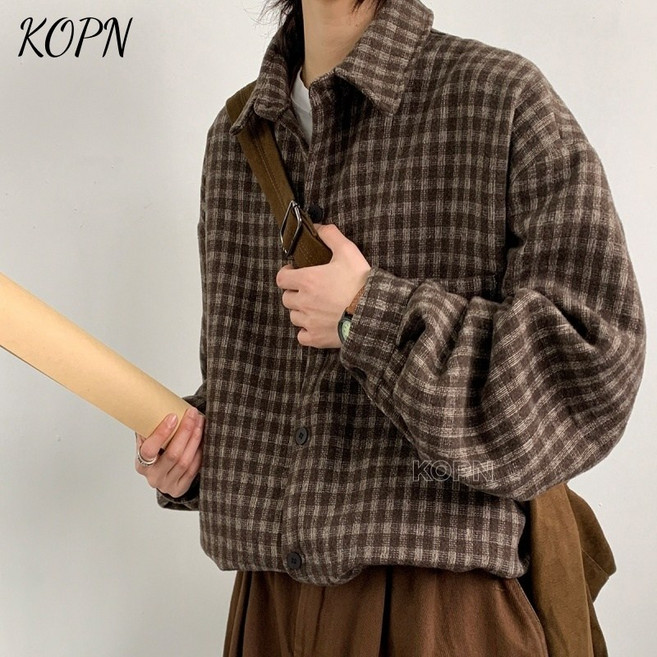 KOPN 체크 남방 긴팔 봄 가을아메리칸 빈티지 캐주얼 루즈핏 블라우스