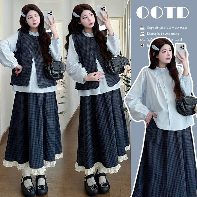 임산부 투피스 치마 세트 봄 가을 레이어드 체크 드레스 세트 귀여운 스타일 레이스 트리밍 데일리룩 JS