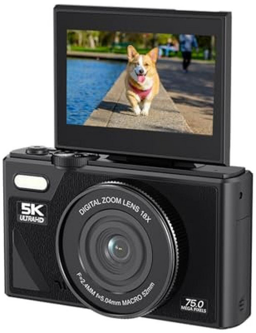 Bewinner 5K HD 및 75MP 디지털 카메라 18X 줌 - 사진 비디오용 Wi-Fi 블로깅 카메라 자동 초점 3인치 스크린 128GB(포함되지 않음) 1150m, 블랙