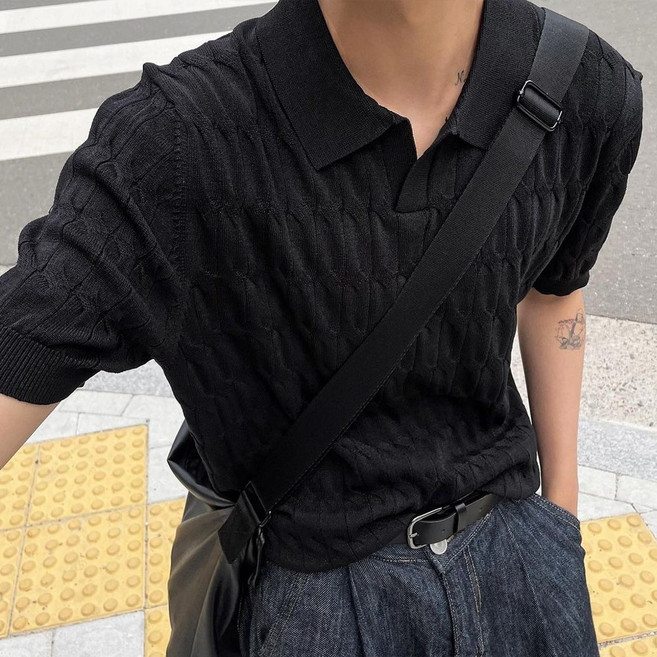 홍언목요 남자 반팔 폴로 티 여름 경량 상무 캐주얼 슬림핏 니트 카라 티셔츠