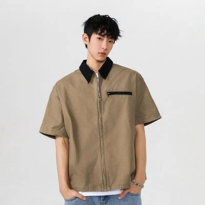 여름 남성 반팔 자켓 빅사이즈 터틀넥 반팔 셔츠 코트 카고 재킷 캐주얼 남자 반팔 잠바 YJW