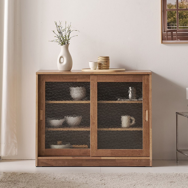 루덴 미닫이 유리 원목 그릇장, 월넛