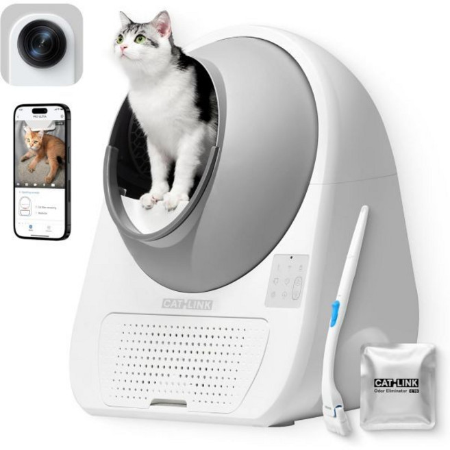 고양이 화장실 CATLINK 2025 새로운 울트라 셀프 클리닝 쓰레기통 AI 카메라 5G WiFi 자동 앱 건강 모니터 핀치 프리 로봇 청소 브러시 포함, White, Large (Ultra 5g & Camera)