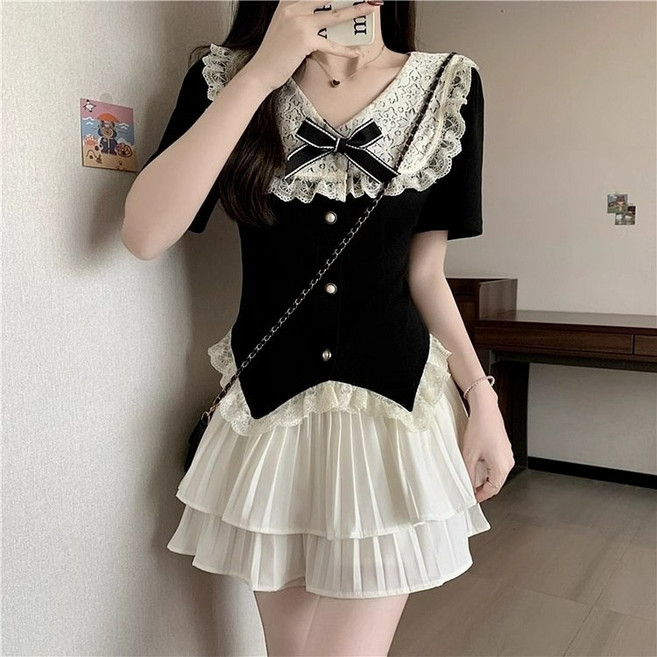 Asure 여름 슬림핏 레이스 셔츠 반팔티+미니스커트 레이어드 투피스 데이트룩