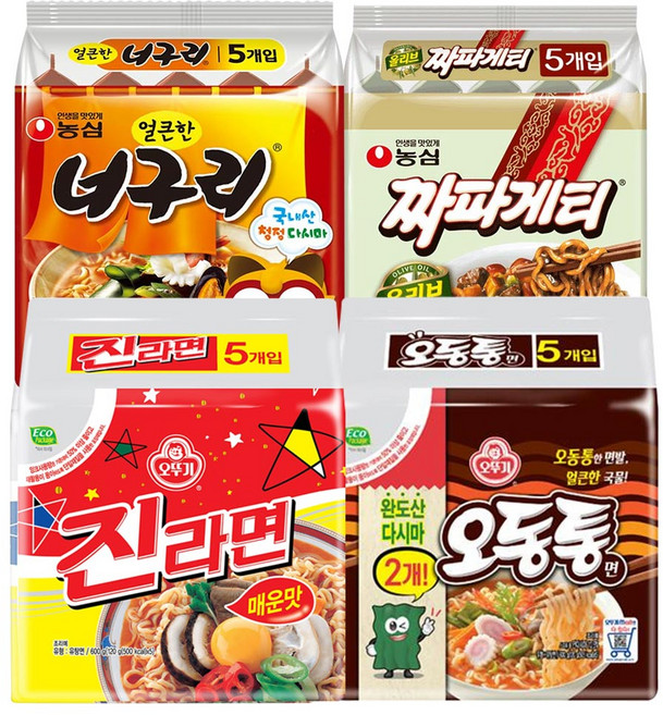 농심 얼큰너구리120g(5개)+짜파게티140g(5개)+오뚜기 진라면매운맛120g(5개)+오동통면120g(5개), 20개