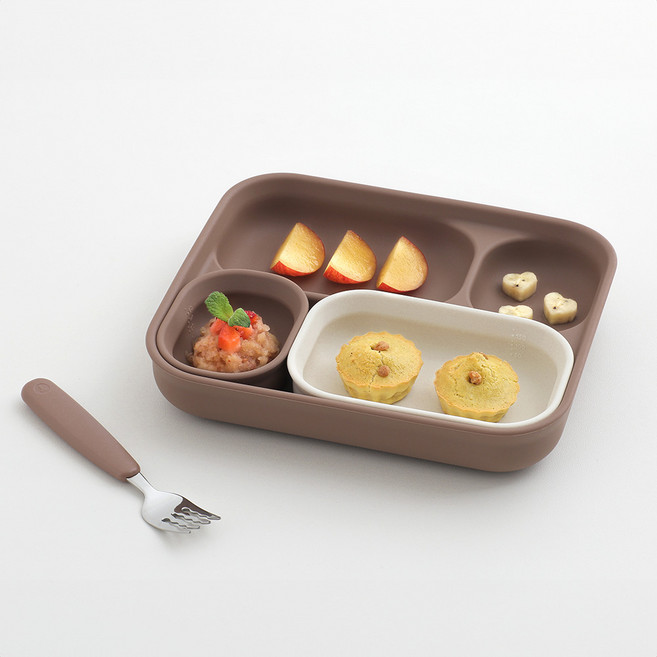탁가온 1.2.3 유아 실리콘 흡착식판 3구 식판, 3구식판, 브라운, 1개