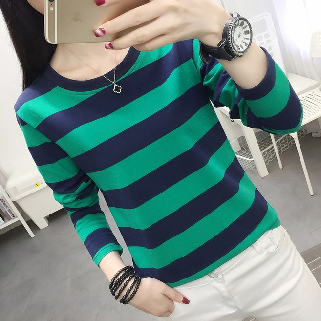 【胖MM顯瘦】條紋T恤 長袖T恤 女裝上衣 打底衫 秋裝 寬鬆T恤 純棉面料 高彈力 遮肉顯瘦 秋季百搭內搭