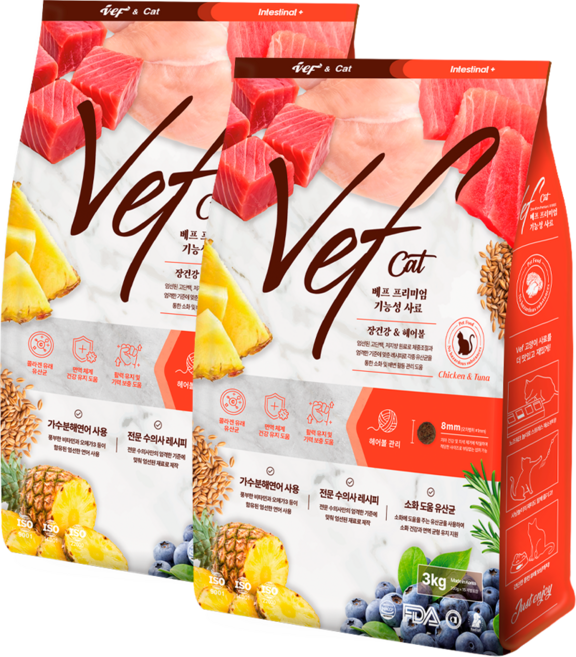 Vef 8free 전연령 고양이 기능성 사료, 2개, 3kg, 헤어볼+장건강