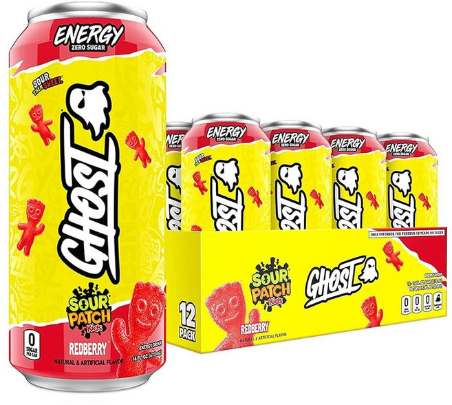 GHOST Energy Drink - 12팩 사워 패치 아동용 레드베리 473.2ml(16온스) - 에너지 및 집중력 및 인공 색소 없음 - 천연 카페인 L-카르니틴 및, SOUR PATCH KIDS Redberry, 473.2ml