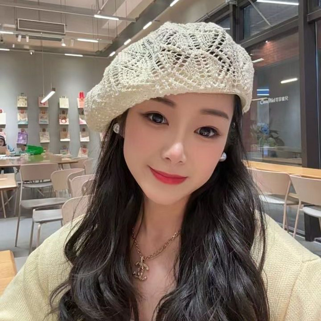 패션 여성 펀칭 니트 베레모 여름 빈티지 얇은 니트 모자 여자 데일리 화가 모자 LT