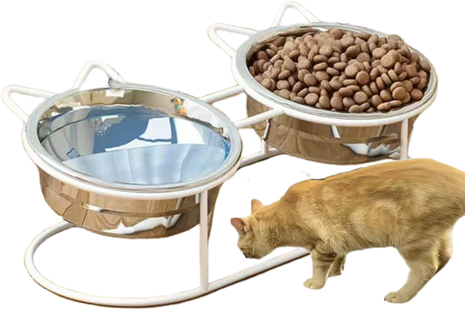 스테인레스 스틸 고양이 밥그릇2구+논슬립 베이스 전복방지 고양이물그릇 개밥그릇 애견식기, 화이트, 14.7*5cm