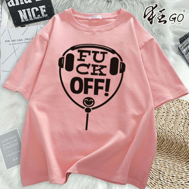 夏天短袖 100%純棉T恤 簡約百搭印花上衣 棉質寬鬆透氣日系【狂GO】放克音樂, 粉红色