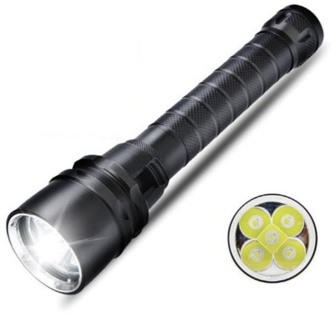 LEDLAB 완전방수 5구 4500루멘 수중랜턴 DIVER5S + 충전지 2p + 5핀 2구 충전 홀더 세트, Black