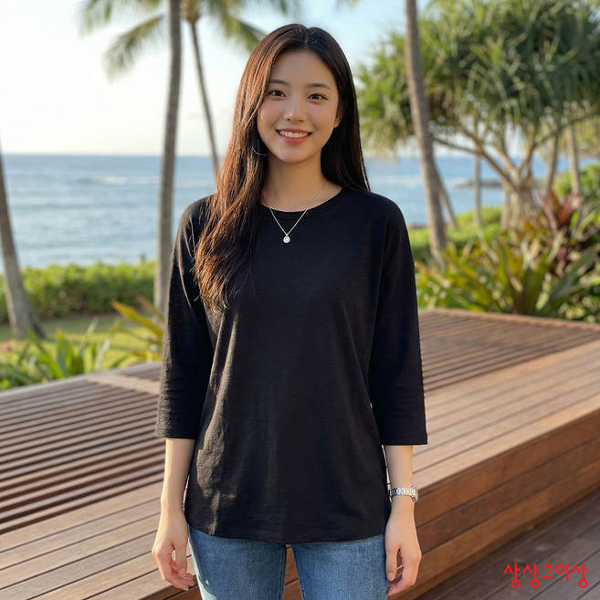 상상그이상 여성용 국내제작 슬럽 라운드 7부 티셔츠 시원한 슬라브소재 어디에나 코디 가능한 사계절 간편한 무지티셔츠 데일리템
