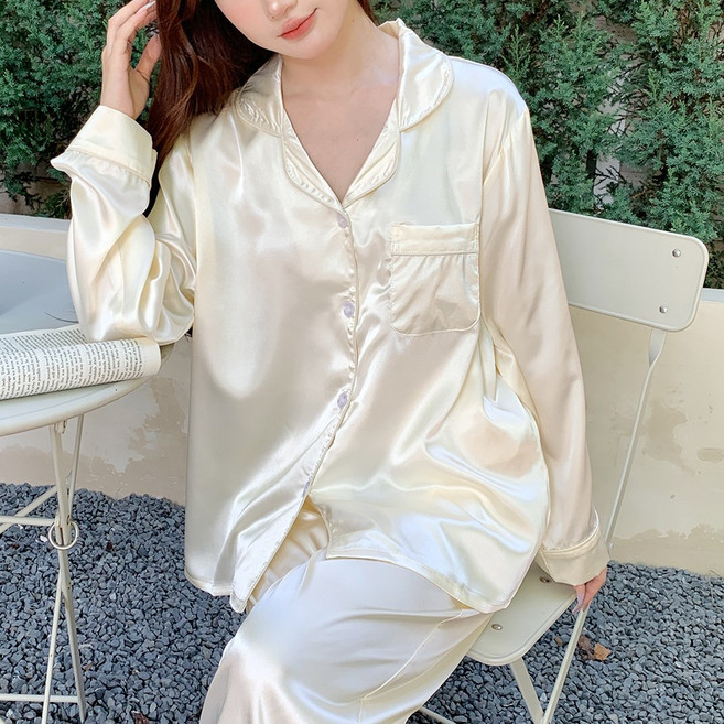 [달콩스윗] 뮤리엘 가볍고 부드러운 실크 여성 잠옷 세트 커플 파자마 자주 입는 홈웨어 / 5가지색상