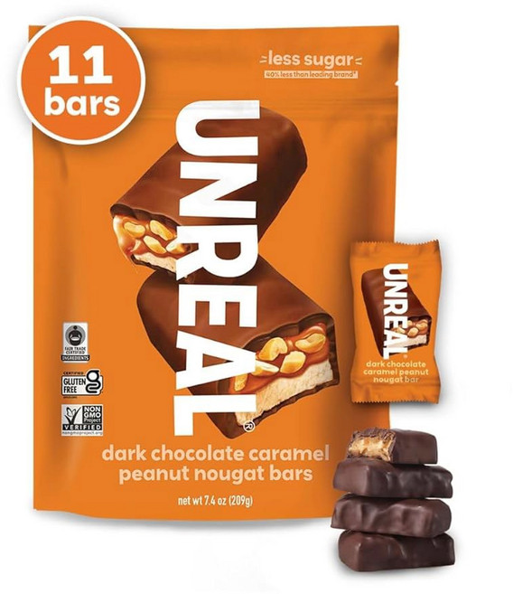 언리얼 다크 초콜릿 카라멜 땅콩 누갓 바(1봉지) 70% 재료 공정 거래 비 변형 식품 옥수수 시럽 금지 설탕 알코올 대두 209그램, 1개, 209g