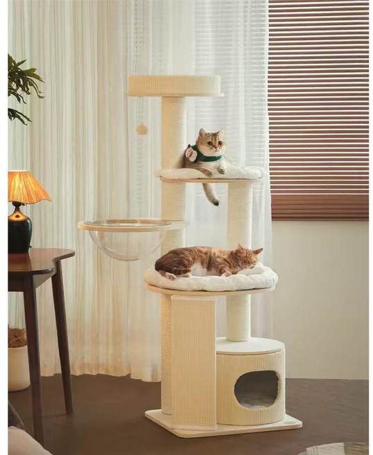 펫인꼬 튼튼한 원목 캣타워 대형 5단 아크릴 해먹 숨숨집 점프대 쿠션포함 다묘가정 고양이 타워 스크래쳐, 1개, 크림 아이보리
