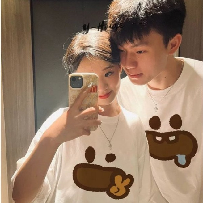 春夏情侶裝 情侶衣 情侶短袖 新款 寬鬆 情侶套裝, 短袖女款圖案-白色,XL【60-70KG】, 白色, 短袖女款圖案