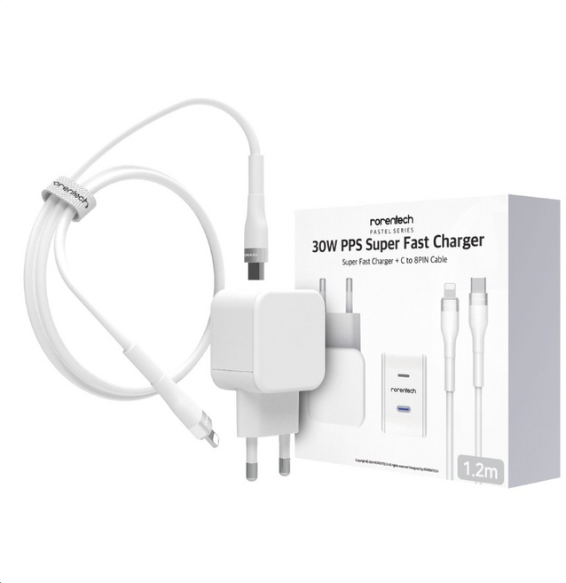 로랜텍 파스텔 고속 충전기 + PD C타입 to 8핀 케이블 1.2m 세트, 1세트, 화이트