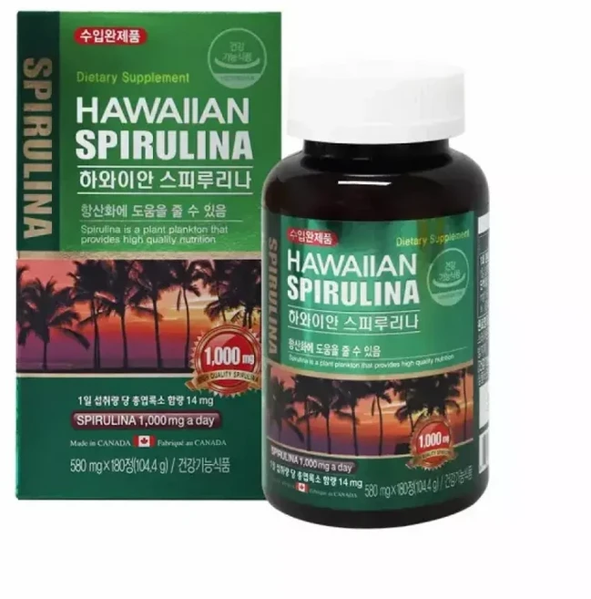 스피루나 항산화 100 spirulina 하와이안 스피루리나 원말 피부에좋은영양제 엽록소 180정 2병, 1개
