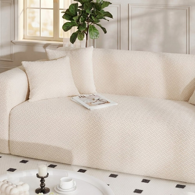 [먼지 없는] 커버무드 헤링본 고탄력 소파커버+자체제작 고정 스펀지, 베이지, 1개