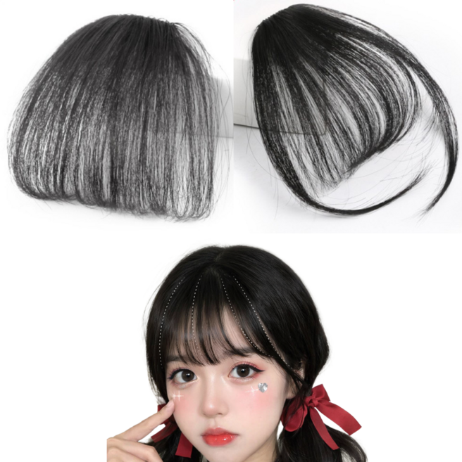 노르타 인모 앞머리 가발 여성 일자머리+사이드뱅, 2개, 내츄럴 블랙